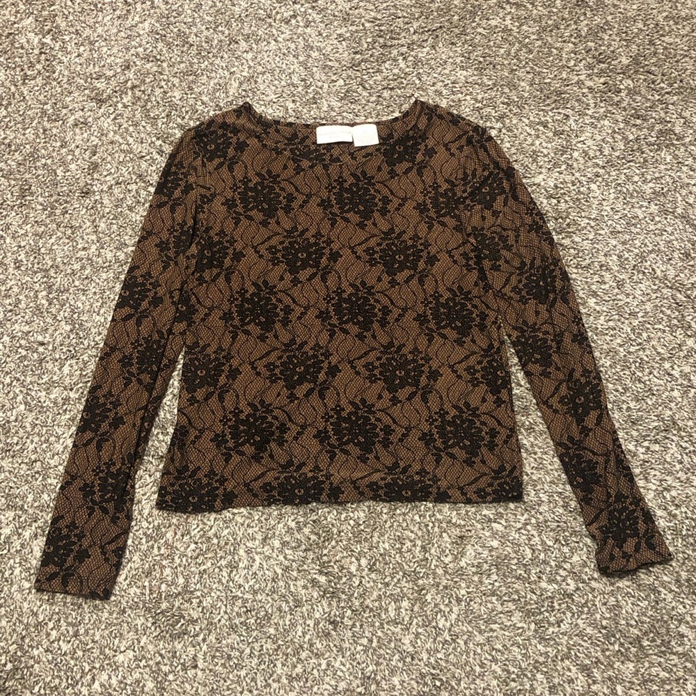 Worthington Knits Brown With Black Floral Lace Printed Long Sleeve Top